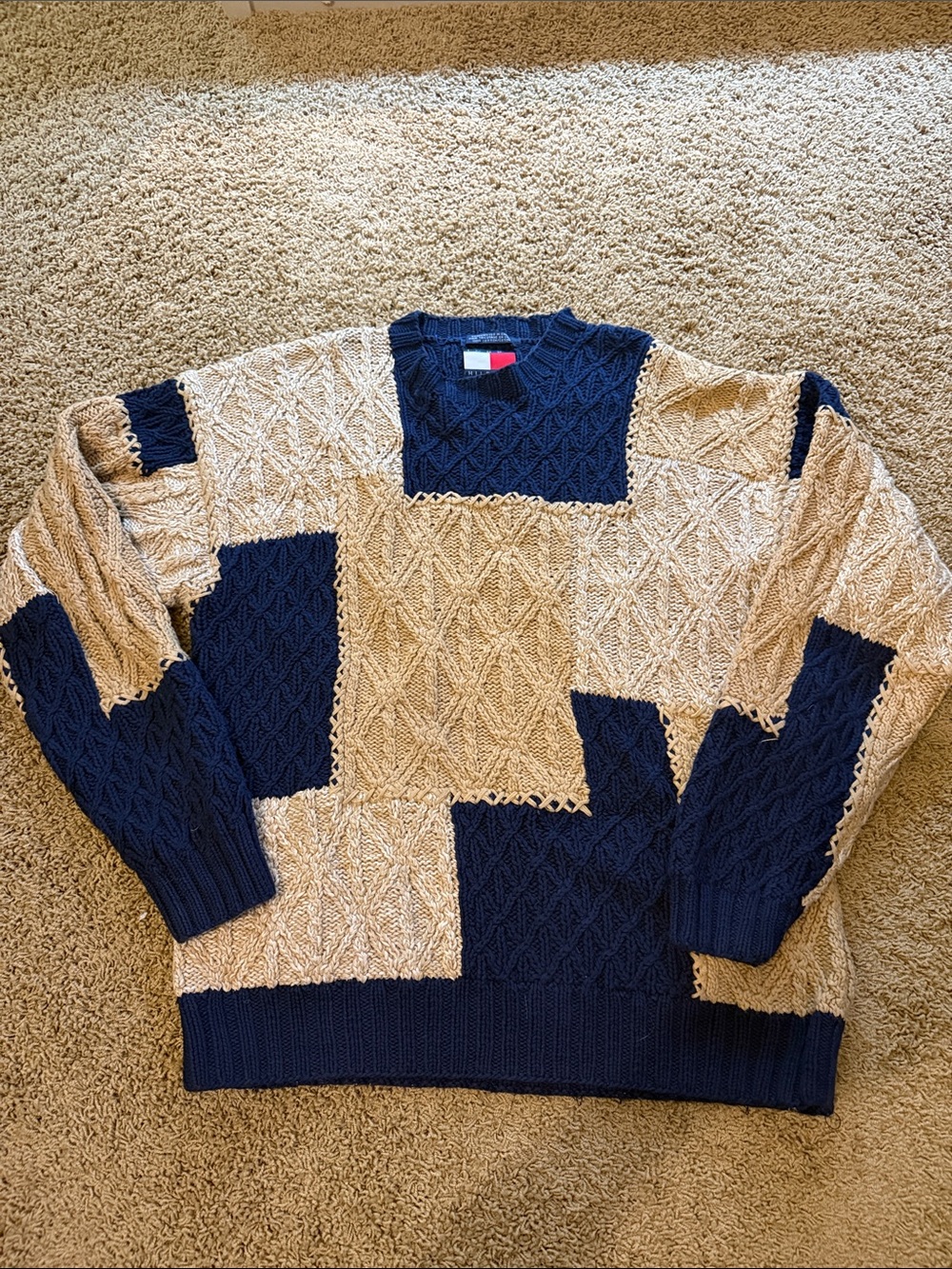 Vintage Tommy Hilfiger Navy and Cream Patchwork Crewneck Sweater